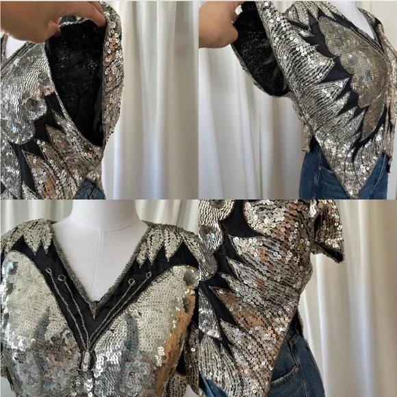 Vintage 1980's Silk Silver Sequins Butterfly Top. - Picture 7 of 8